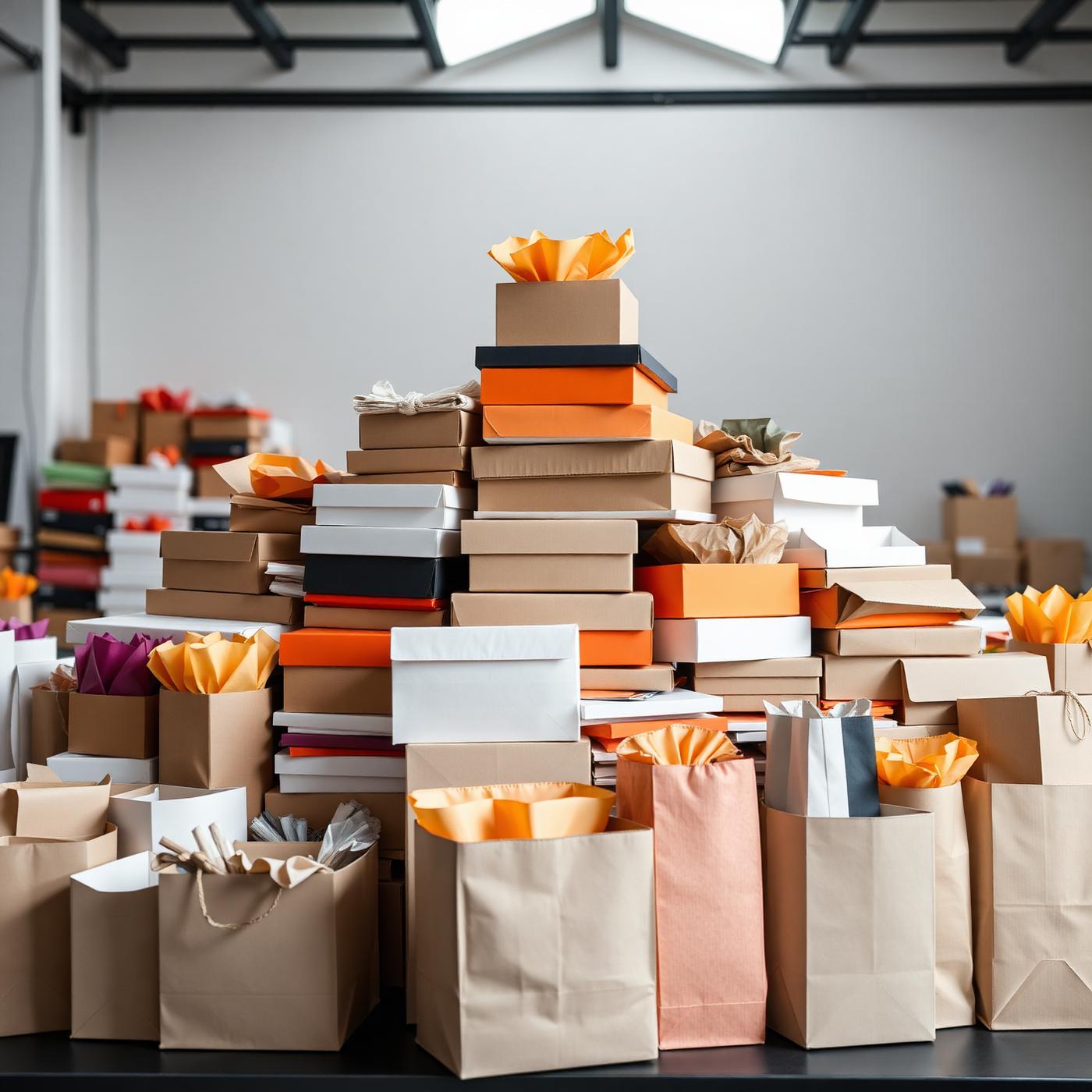 Diversas embalagens da fábrica Embalagem Barata: caixas, sacolas kraft e papel colorido